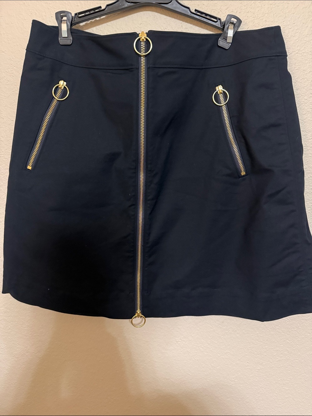 Michael Kors Black Mini Skirt with Gold Zip Ring Details Navy Blue